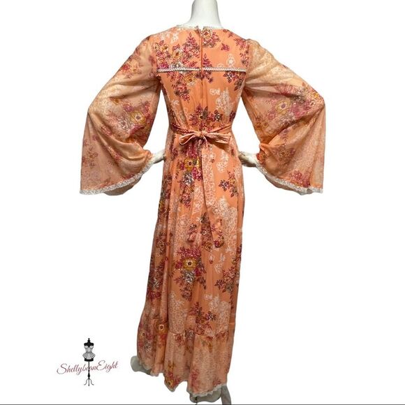 Vintage 70s Peach Floral Lace Trim Maxi Dress Goddess Cottage Core Gown XS S 2 4 - Picture 12 of 16